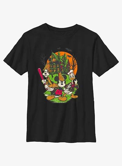 Disney100 Halloween Mickey Goofy and Donald Haunted House Youth T-Shirt