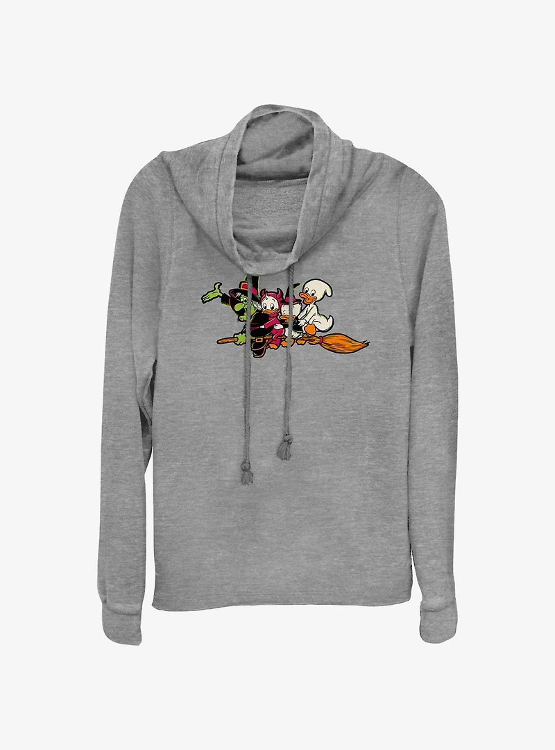 Disney100 Halloween Huey Dewey and Louie Flying Witch's Broom Women's Cowl Neck Long-Sleeve Top