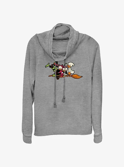 Disney100 Halloween Huey Dewey and Louie Flying Witch's Broom Women's Cowl Neck Long-Sleeve Top