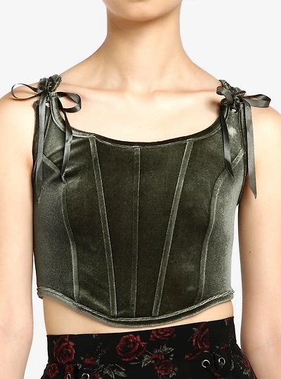 Thorn & Fable Green Velvet Girls Crop Corset Top
