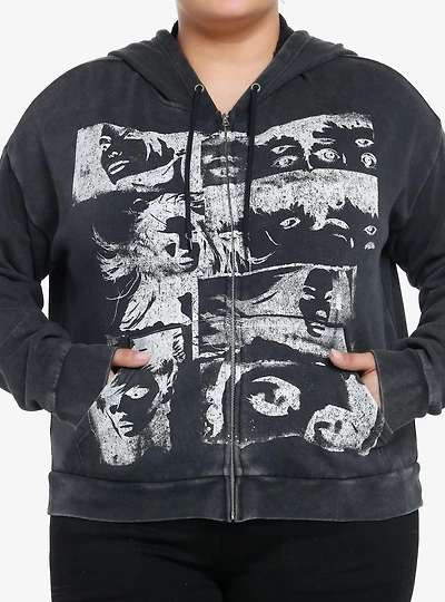 Social Collision Faces Washed Girls Hoodie Plus Size