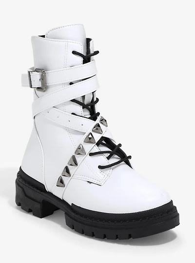 Yoki White Studded Buckle Combat Boots
