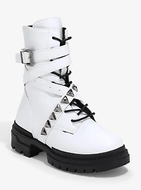 Yoki White Studded Buckle Combat Boots