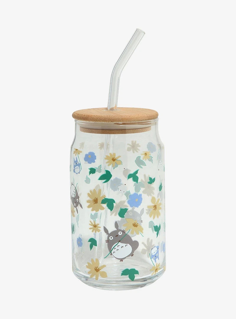 Studio Ghibli My Neighbor Totoro Floral Tototro Allover Print Glass Cup with Straw - BoxLunch Exclusive
