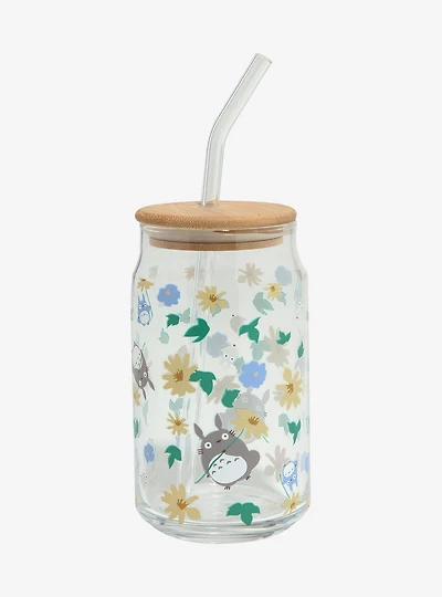 Studio Ghibli My Neighbor Totoro Floral Tototro Allover Print Glass Cup with Straw - BoxLunch Exclusive