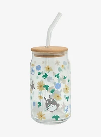 Studio Ghibli My Neighbor Totoro Floral Tototro Allover Print Glass Cup with Straw - BoxLunch Exclusive