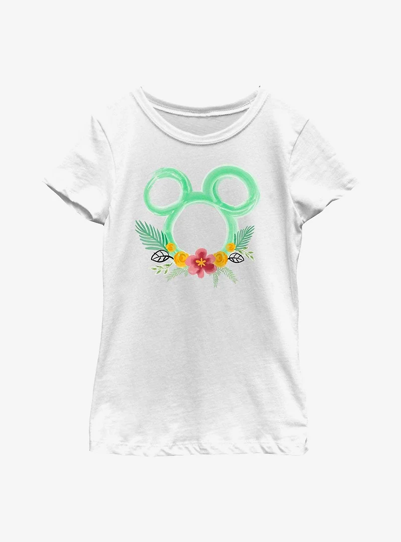 Disney Mickey Mouse Head Outline Floral Youth Girls T-Shirt
