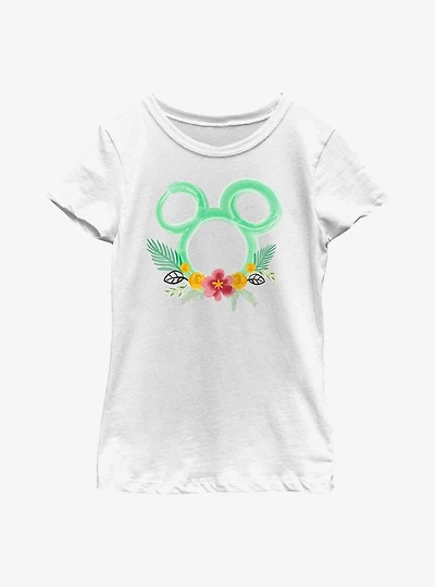 Disney Mickey Mouse Head Outline Floral Youth Girls T-Shirt