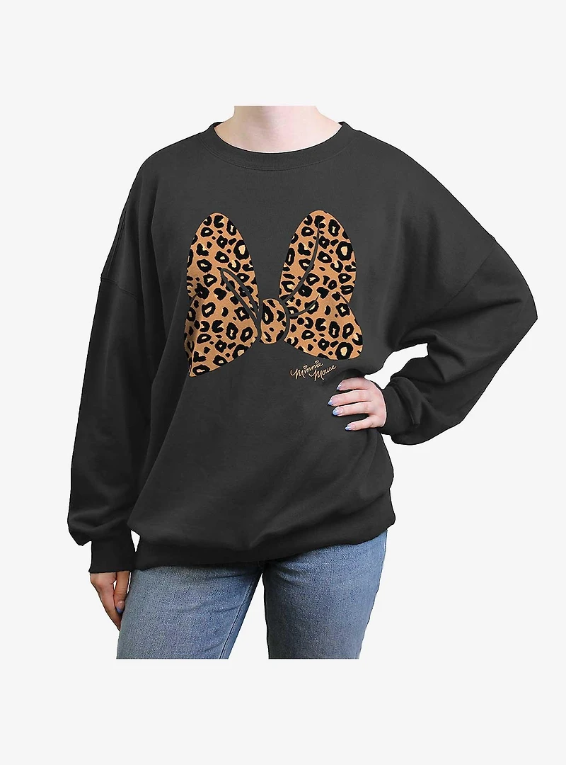 Disney Minnie Mouse Animal Print Bow Womens Oversized Crewneck