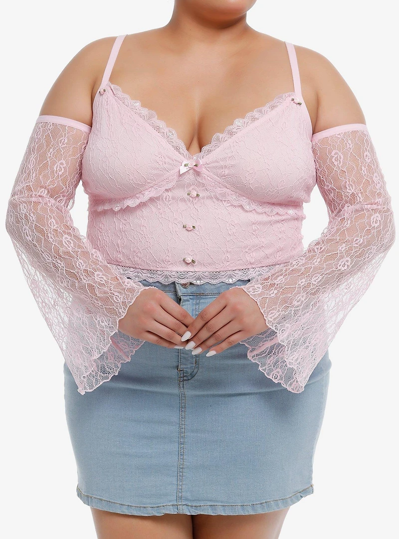 Sweet Society Pink Ruched Lace Girls Cold Shoulder Long-Sleeve Top Plus