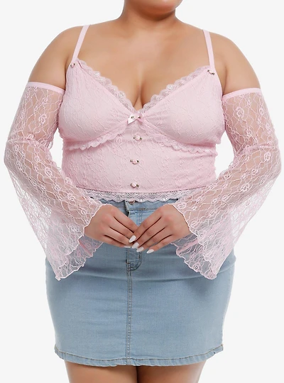 Sweet Society Pink Ruched Lace Girls Cold Shoulder Long-Sleeve Top Plus