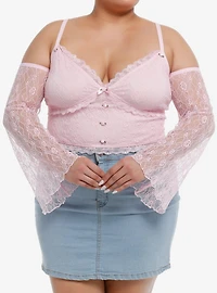 Sweet Society Pink Ruched Lace Girls Cold Shoulder Long-Sleeve Top Plus