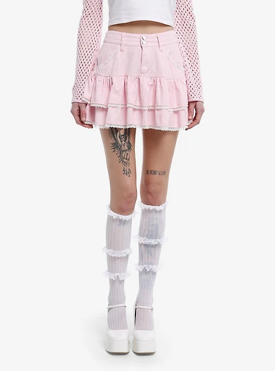 Pink Heart Lace Tiered Ruffle Skirt