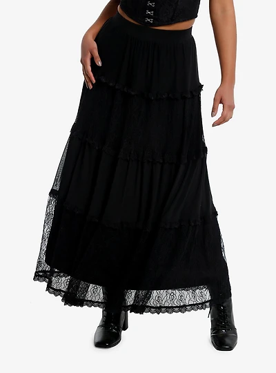 Black Lace Tiered Maxi Skirt