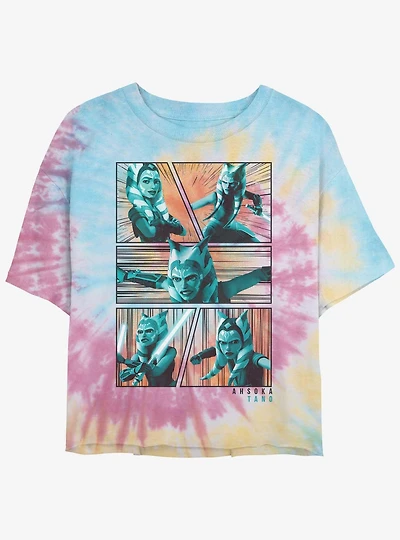 Star Wars Ahsoka Action Panels Womens Tie-Dye Crop T-Shirt
