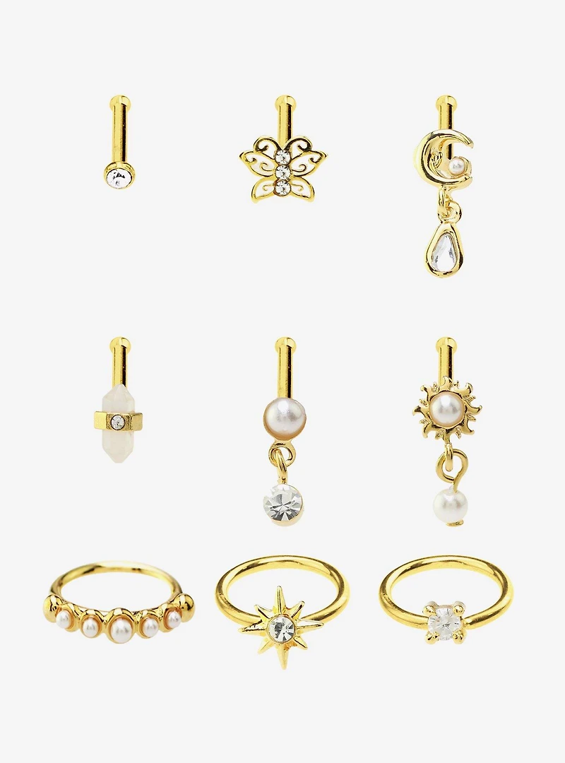 Steel Celestial Pearl Nose Stud & Hoop 9 Pack