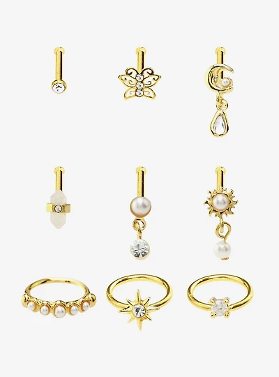 Steel Celestial Pearl Nose Stud & Hoop 9 Pack