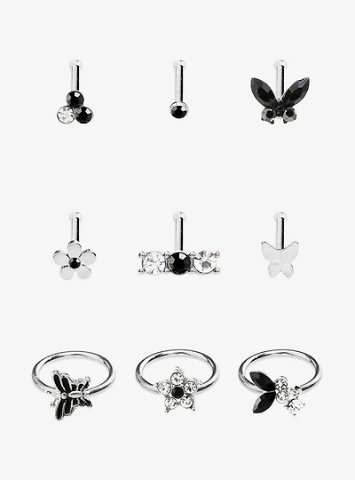 Steel Butterfly Flower Nose Stud & Hoop 9 Pack