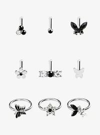 Steel Butterfly Flower Nose Stud & Hoop 9 Pack