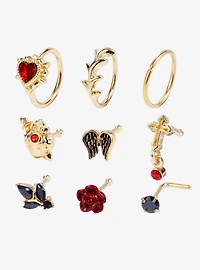 Steel Heart Cross Wing Nose Stud & Hoop 9 Pack