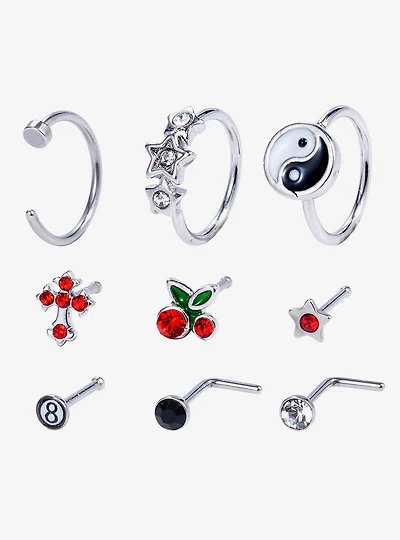 Steel Cherry Star Yin-Yang Nose Stud & Hoop 9 Pack