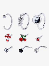 Steel Cherry Star Yin-Yang Nose Stud & Hoop 9 Pack