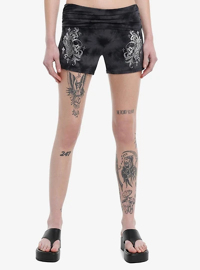 Skull Wings Dark Wash Ruched Lounge Shorts