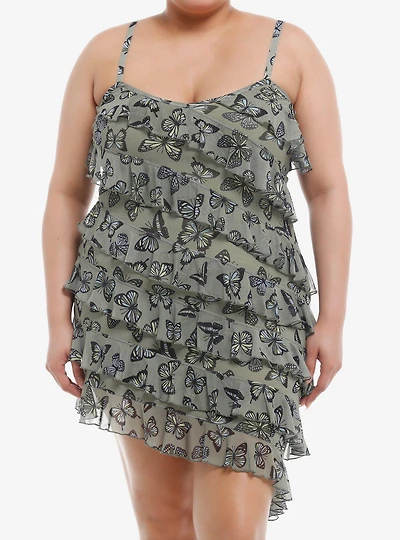 Thorn & Fable® Olive Butterfly Ruffle Cami Dress Plus