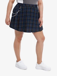 Social Collision® Blue & Orange Plaid Pleated Skirt With Chain Plus Size