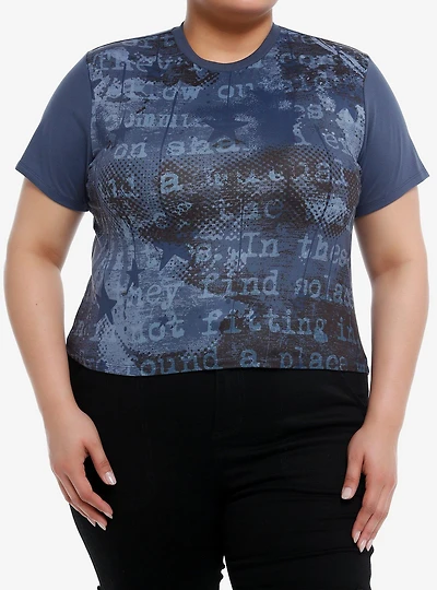 Social Collision Blue Text Girls Crop T-Shirt Plus
