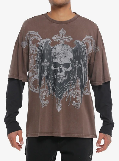 Social Collision Skulls & Crosses Oversized Twofer Long-Sleeve T-Shirt