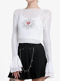 White Mesh Heart Girls Twofer Long-Sleeve Top