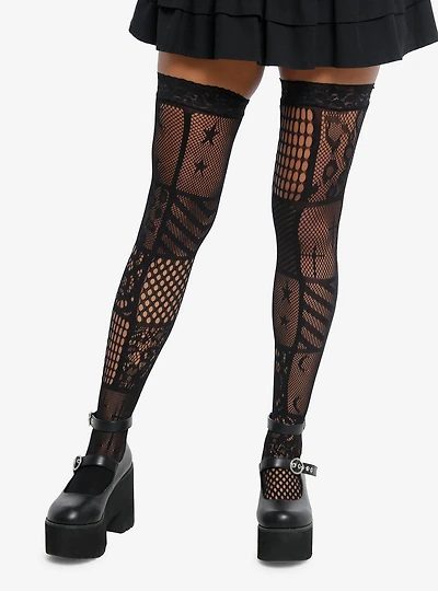 Black Patchwork Fishnet Thigh Highs