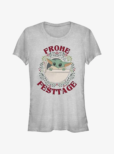 Star Wars The Mandalorian Grogu Wreath Happy Holidays In German Girls T-Shirt