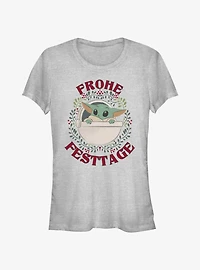 Star Wars The Mandalorian Grogu Wreath Happy Holidays In German Girls T-Shirt