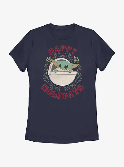 Star Wars The Mandalorian Grogu Wreath Happy Holidays Womens T-Shirt