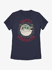 Star Wars The Mandalorian Grogu Wreath Happy Holidays Womens T-Shirt