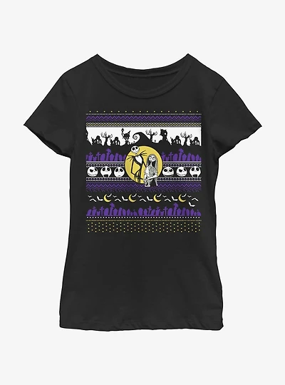 Disney Nightmare Before Christmas Jack And Sally Ugly Holiday Youth Girls T-Shirt