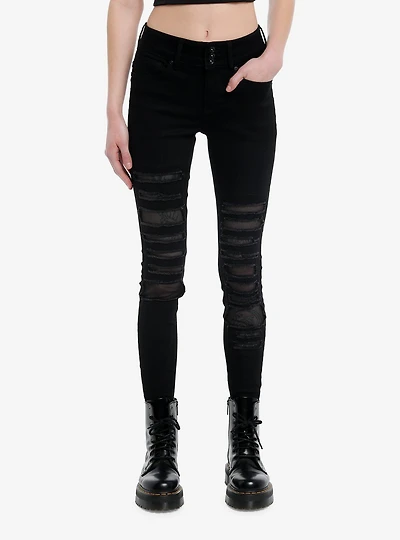 Black Destructed Fishnet Super Skinny Jeans