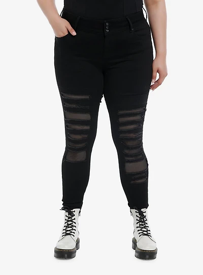 Black Destructed Fishnet Super Skinny Jeans Plus Size