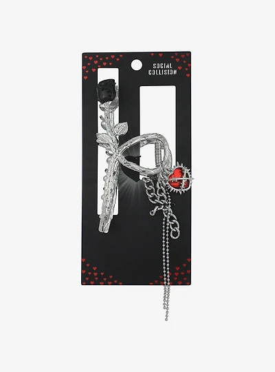 Social Collision® Black Rose & Spiked Heart Claw Hair Clip