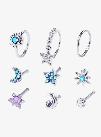 Steel Star Moon Nose Stud & Hoop 9 Pack