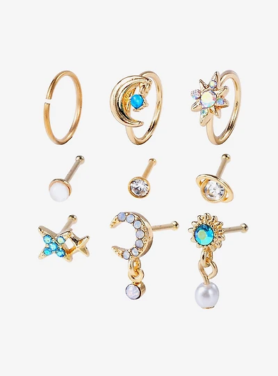 Steel Boho Pearl Nose Stud & Hoop 9 Pack