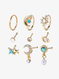 Steel Boho Pearl Nose Stud & Hoop 9 Pack