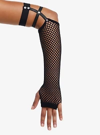 Black Fishnet Strappy Cutout Arm Warmers