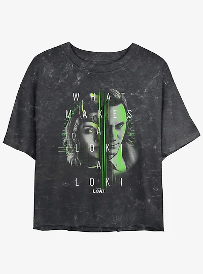 Marvel Loki Sylvie and Loki Split Portrait Girls Mineral Wash Crop T-Shirt