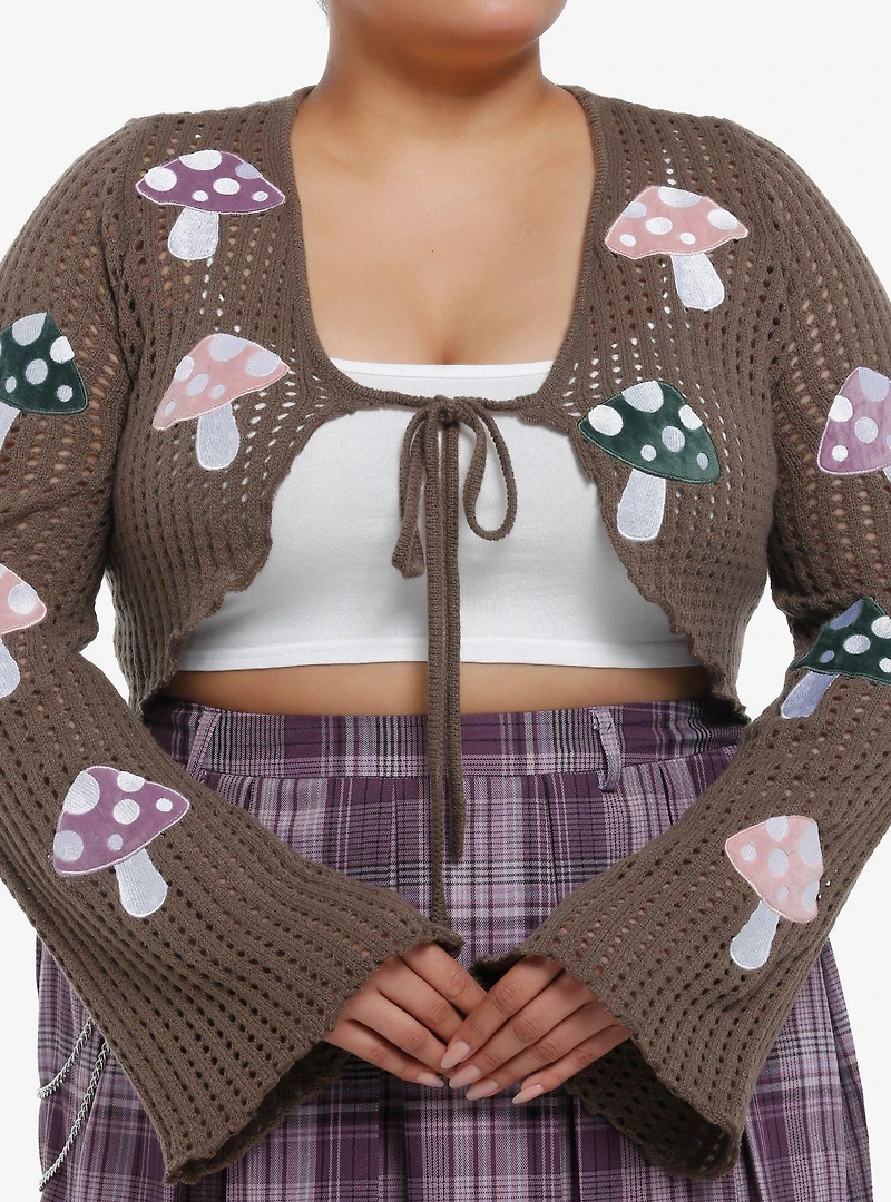 Thorn & Fable Mushrooms Tie-Front Girls Crop Cardigan Plus Size