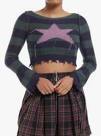 Teal & Navy Stripe Star Crop Girls Sweater