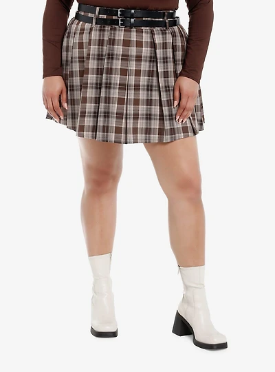 Thorn & Fable Brown & Beige Belted Pleated Skirt Plus Size