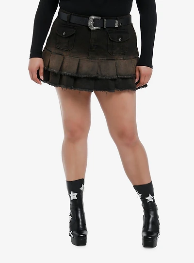 Cosmic Aura Western Belt Brown Wash Pleated Denim Skirt Plus Size